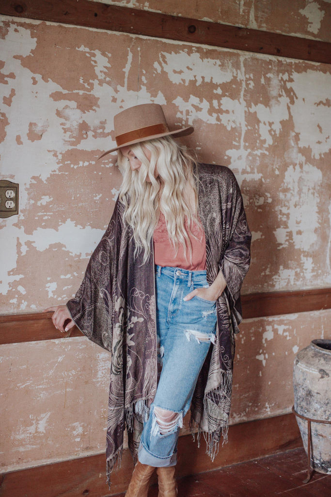 Feathers & Fringe Kimono- Coffee