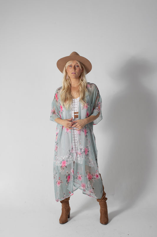 Duster Kimono - Hibiscus - Sea Foam