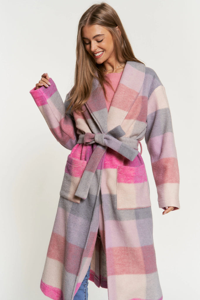 Elleflower - Hot Pink Plaid Midi Coat