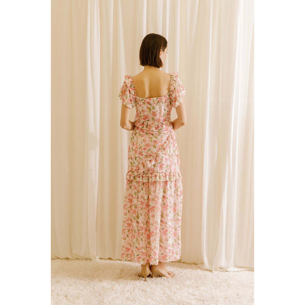 Elleflower - Floral and White Embroidered Ruffled Maxi Dress