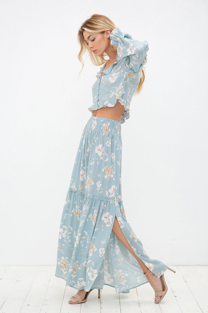 Elleflower - Ruffle Smocked Waist Slit Maxi Set