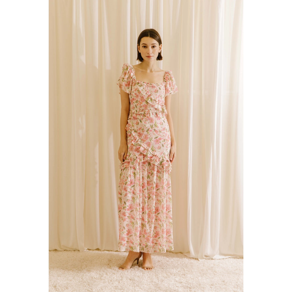 Elleflower - Floral and White Embroidered Ruffled Maxi Dress