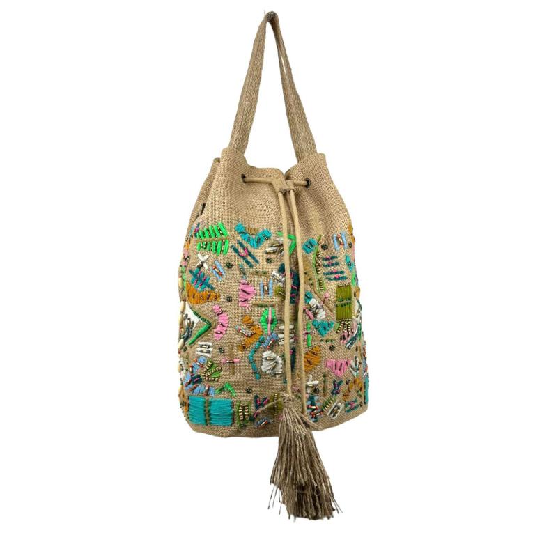 ELLEFLOWER - Artisan's Touch Embellished Jute Shoulder Bag
