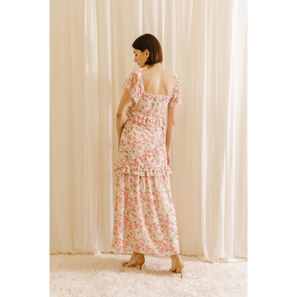 Elleflower - Floral and White Embroidered Ruffled Maxi Dress