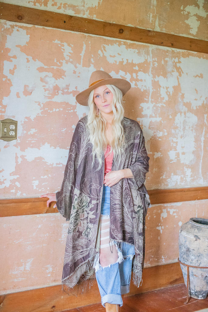 Feathers & Fringe Kimono- Coffee