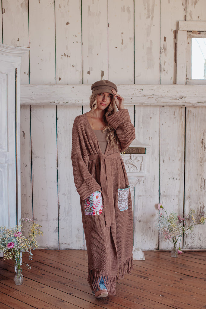 Letters From The Loom - Mocha Fringe Cardigan W/ Quilted Patchwork