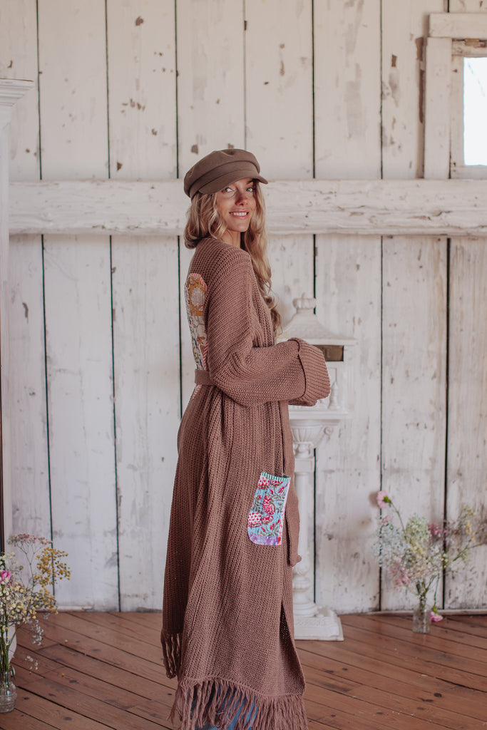 Letters From The Loom - Mocha Fringe Cardigan W/ Quilted Patchwork