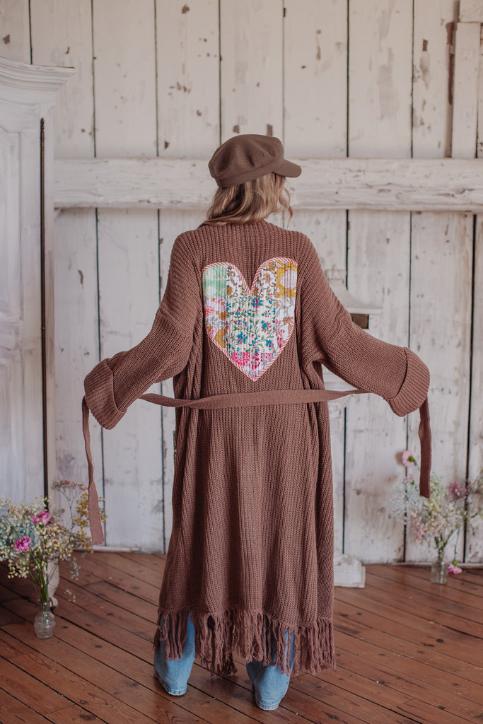 Letters From The Loom - Mocha Fringe Cardigan W/ Quilted Patchwork