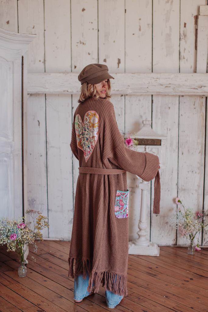 Letters From The Loom - Mocha Fringe Cardigan W/ Quilted Patchwork