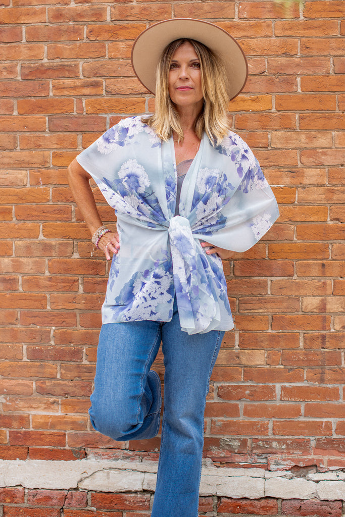 Sweet Peony Kimono - Washed Blue