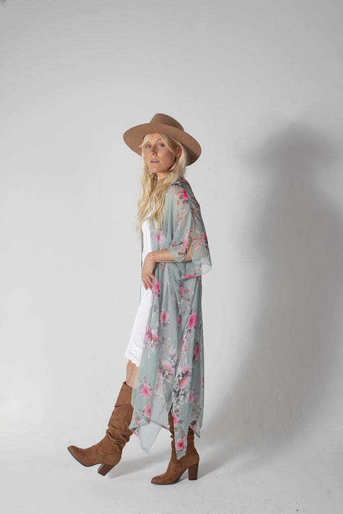 Duster Kimono - Hibiscus - Sea Foam