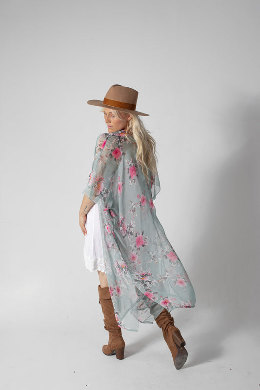 Duster Kimono - Hibiscus - Sea Foam