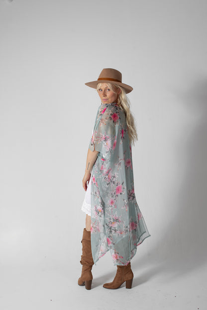 Duster Kimono - Hibiscus - Sea Foam