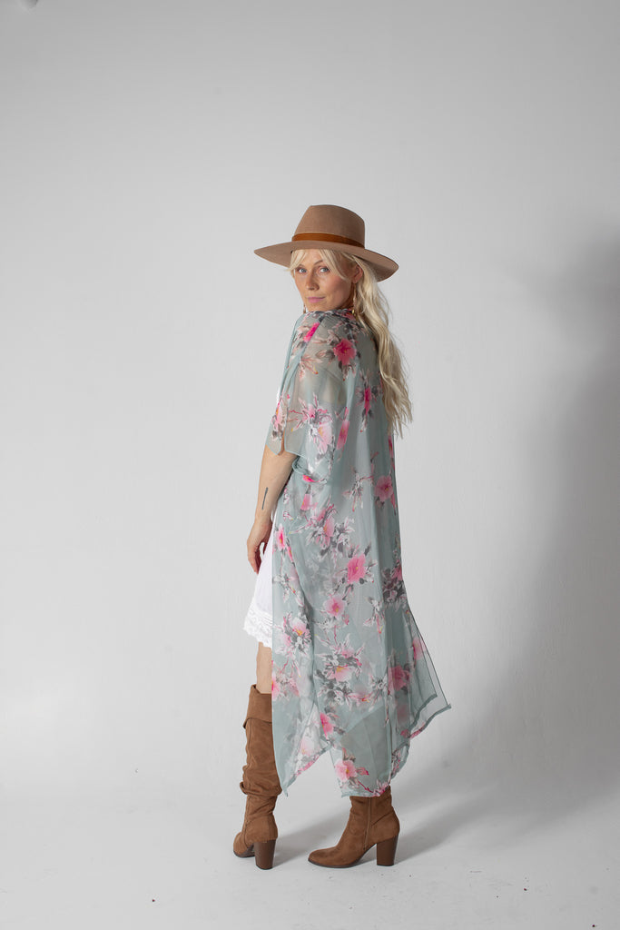 Duster Kimono - Hibiscus - Sea Foam