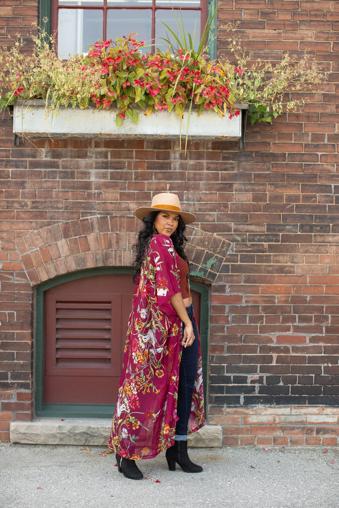 Duster: Wild Bloom Kimono - MERLOT