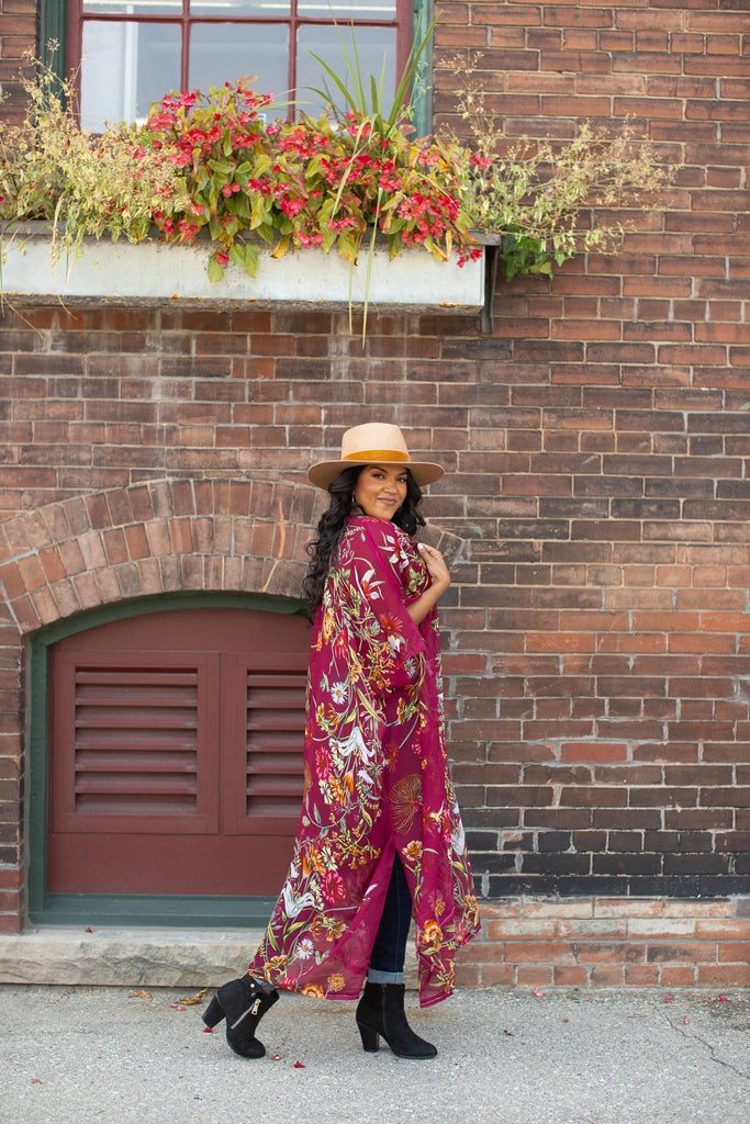 Duster: Wild Bloom Kimono - MERLOT