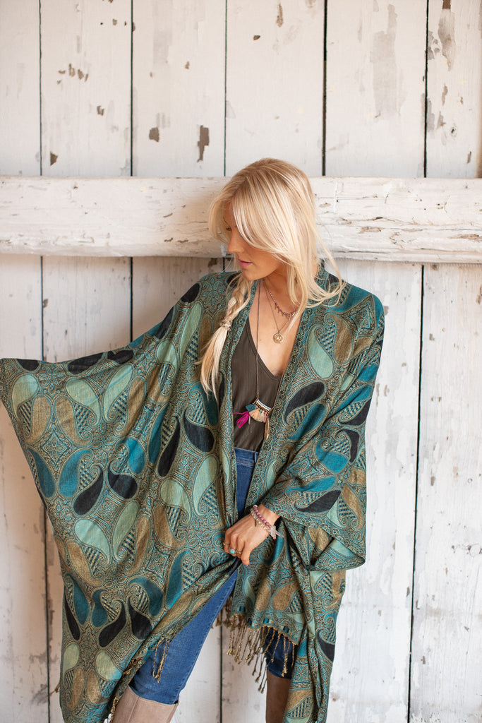 Patchwork Paisley Kimono- Teal Midnight