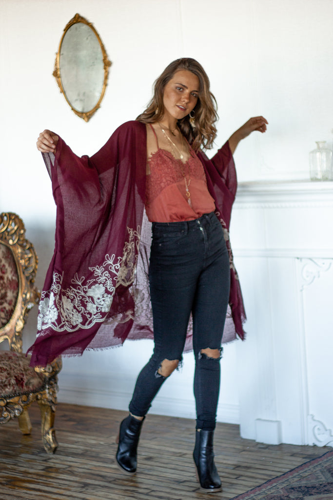 Lemon and Lace Kimono- M A R O O N