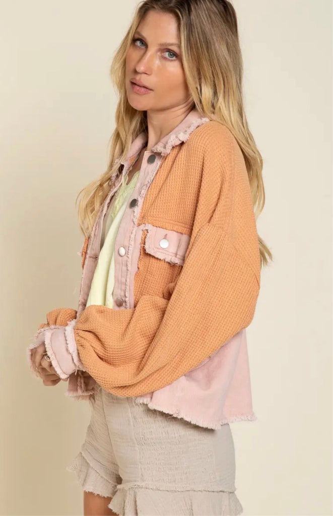 Elleflower - Waffle Denim Jacket- Blush Peach