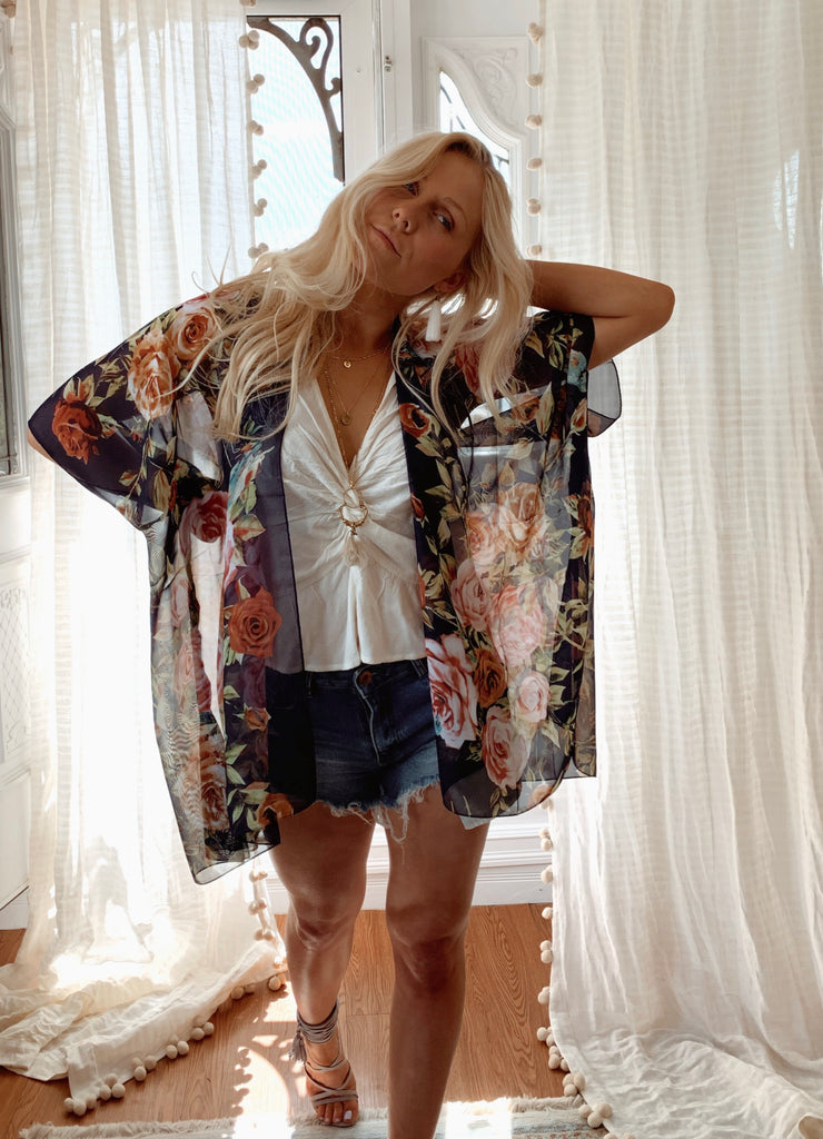 Rose Bush Kimono - NAVY