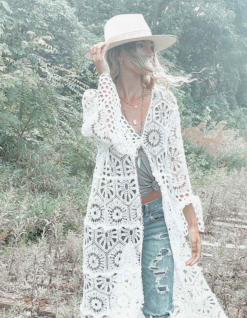 Elleflower - Poppy Crochet Duster Jacket- Ivory