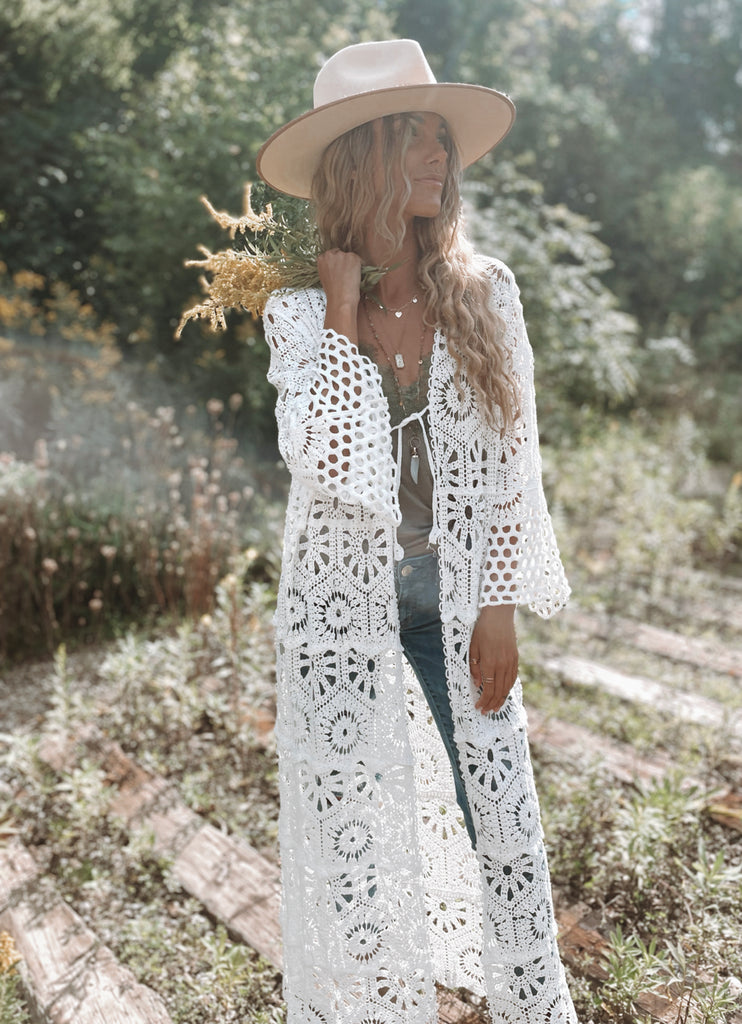 Elleflower - Poppy Crochet Duster Jacket- Ivory