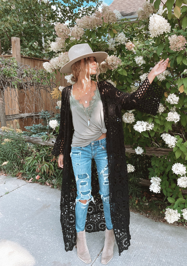 Elleflower - Poppy Crochet Duster Jacket- Midnight