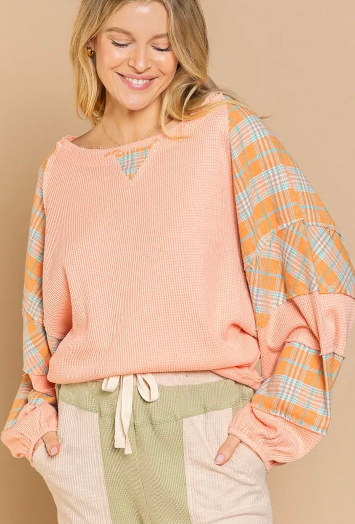 Elleflower- Patchwork Plaid Pullover - Peachy