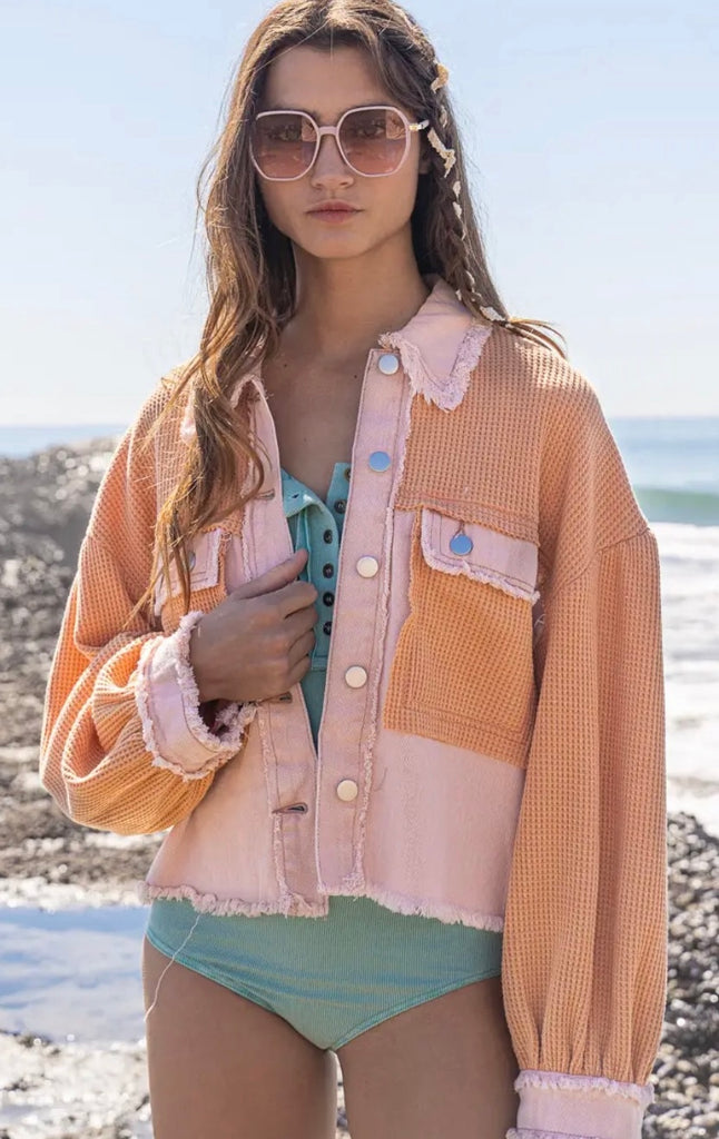 Elleflower - Waffle Denim Jacket- Blush Peach