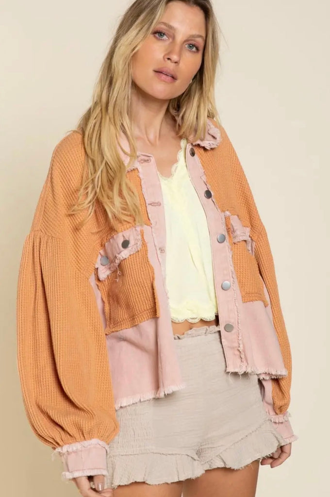 Elleflower - Waffle Denim Jacket- Blush Peach